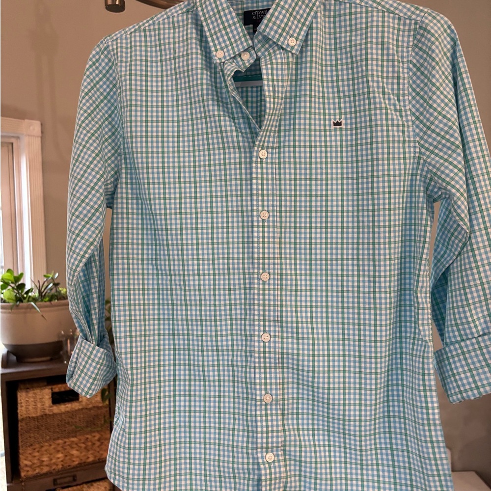 crown & ivy kids Teal, Green and White Gingham Button-Down Shirt